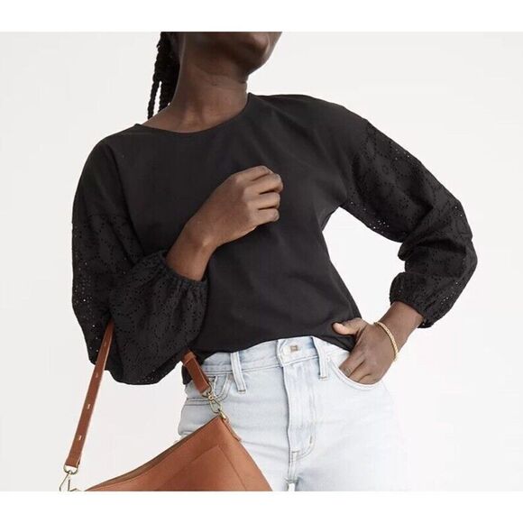 MADEWELL Womens Black Eyelet-Sleeve Tee NEW $69 Cotton-Blend ND855 Medium M - Picture 1 of 11